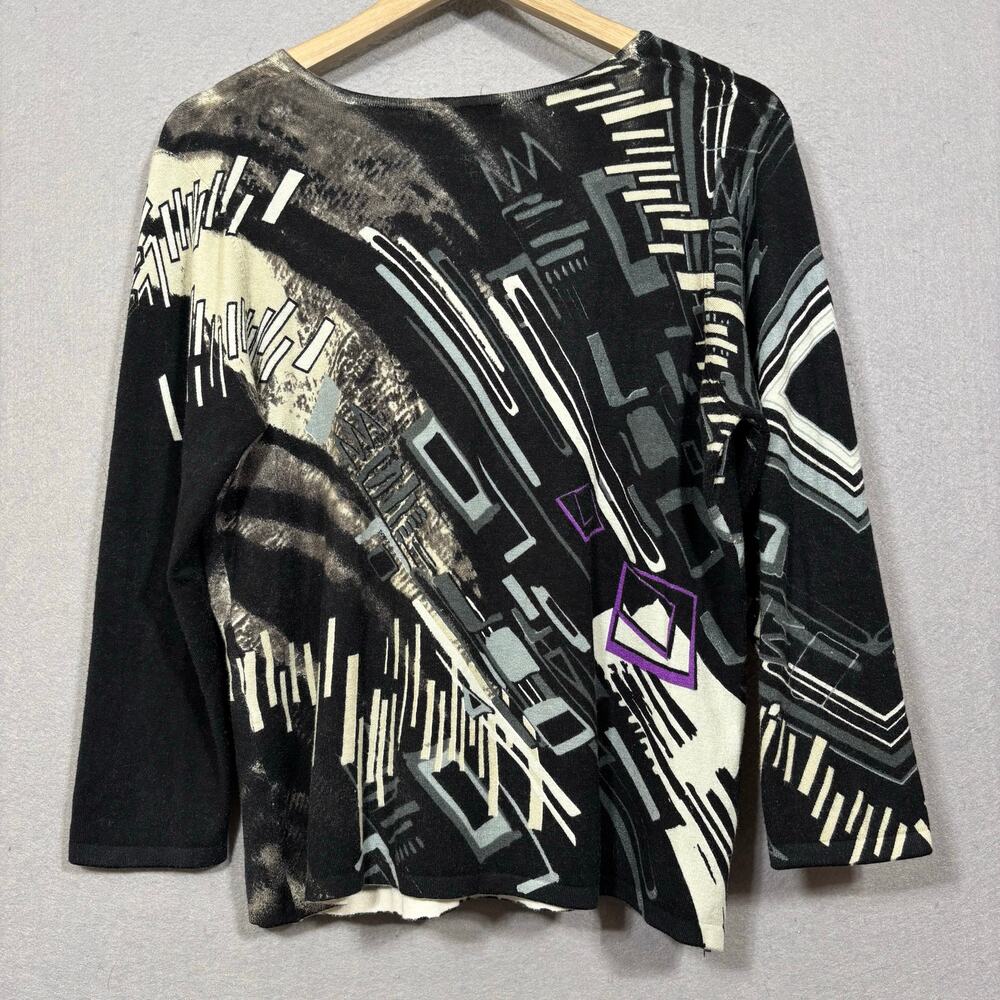 Alberto Makali Top L Black White Abstract V-Neck Artsy Graphic Statement Deco - Picture 2 of 5